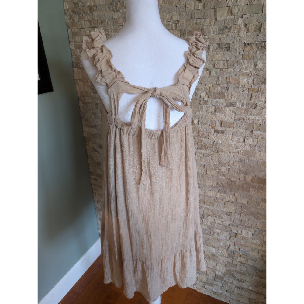 Linen Look Bow Open Back Tie Cream Ruffle Shift Mini Dress Neutral Tiered Sz Med